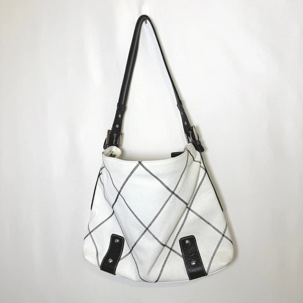 Sophia Visconti White Pebbled Leather Diamond Black Stitch Hobo Shoulder Bag - Picture 1 of 15